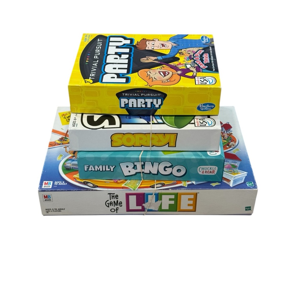 4 family/party games | board games | Life | Bingo | Sorry | Trivial Pursuit